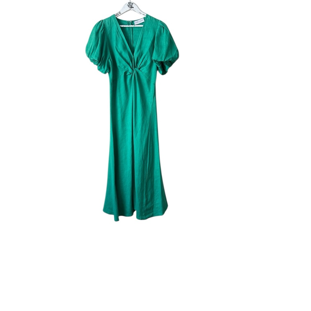 Stellino Midi Dress Pouff Sleeve In Green Linen Size AU 8 US 4 S - Picture 2 of 8